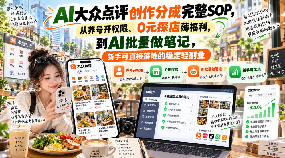 【无水印】AI大众点评创作分成完整SOP，从养号开权限、0元探店薅福利，到AI批量做笔记，新手可直接落地的稳定轻副业 - 副业联盟|副业联盟