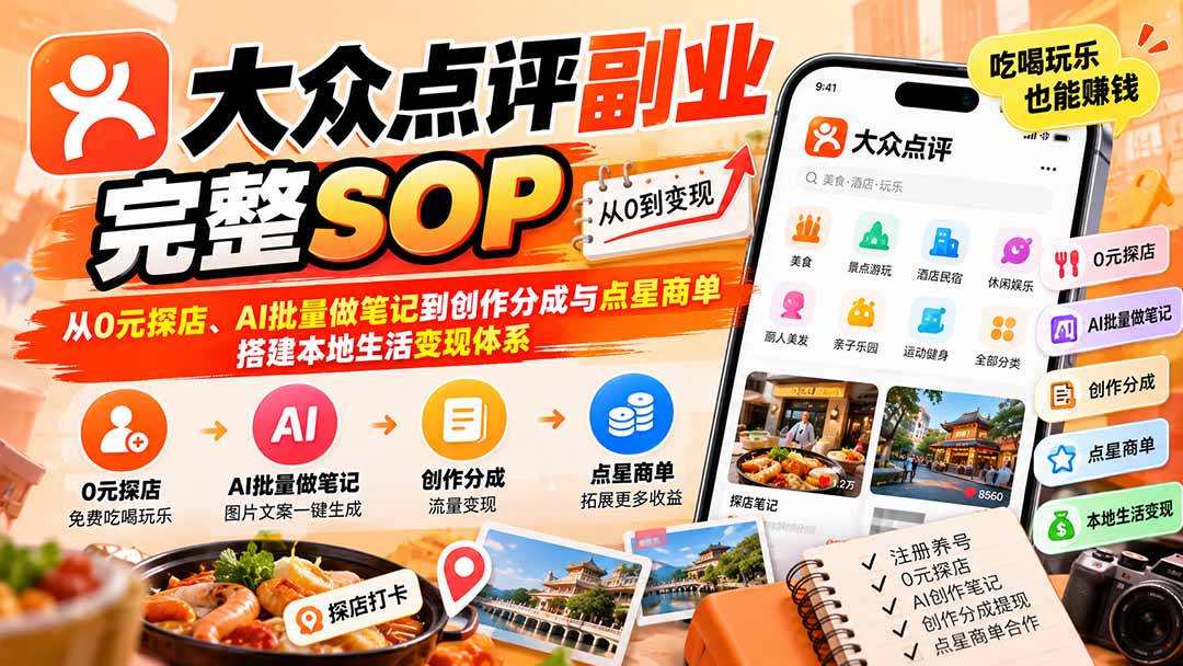 【无水印】大众点评副业完整SOP:从0元探店、AI批量做笔记到创作分成与点星商单,搭建本地生活变现体系|副业联盟