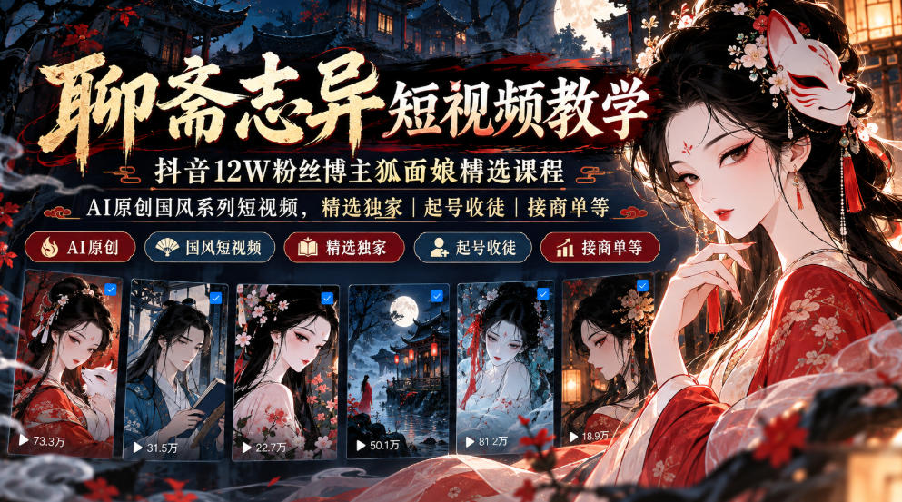 聊斋志异短视频教学，抖音12W粉丝博主狐面娘精选课程，AI原创国风系列短视频，精选独家丨起号收徒丨接商单等 - 副业联盟|副业联盟