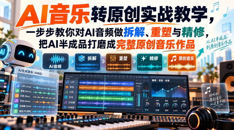 AI音乐转原创实战教学，一步步教你对AI音频做拆解、重塑与精修，把AI半成品打磨成完整原创音乐作品 - 副业联盟|副业联盟