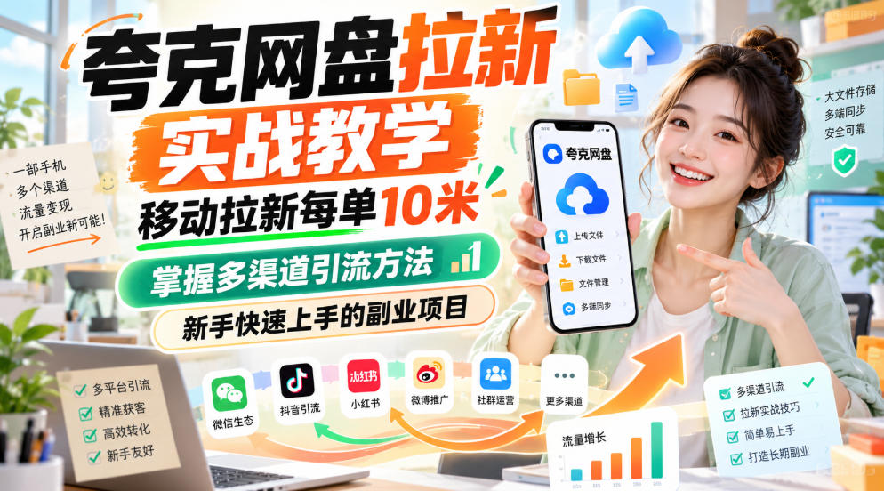 夸克网盘拉新实战教学,移动拉新每单10米,掌握多渠道引流方法,新手快速上手的副业项目|副业联盟