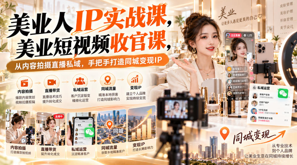 【无水印】美业人IP实战课,美业短视频收官课,从内容拍摄直播私域,手把手打造同城变现IP|副业联盟