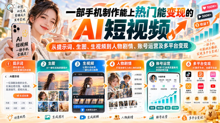 【无水印】一部手机制作能上热门能变现的AI短视频，从提示词、生图、生视频到人物剧情、账号运营及多平台变现 - 副业联盟|副业联盟