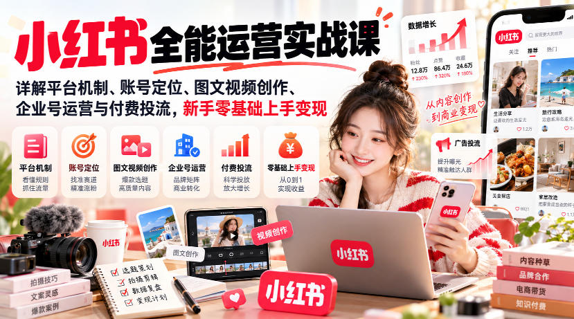 小红书全能运营实战课，详解平台机制、账号定位、图文视频创作、企业号运营与付费投流，新手零基础上手变现 - 副业联盟|副业联盟