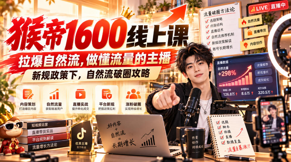 猴帝1600线上课,拉爆自然流,做懂流量的主播,新规政策下,自然流破圈攻略【更新260926】|副业联盟