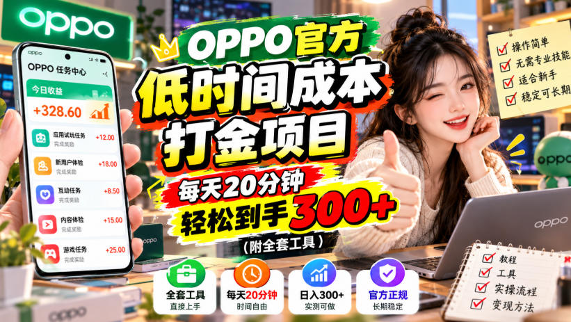 OPPO官方低时间成本打金项目,每天20分钟,轻松到手300+(附全套工具)【揭秘】|副业联盟