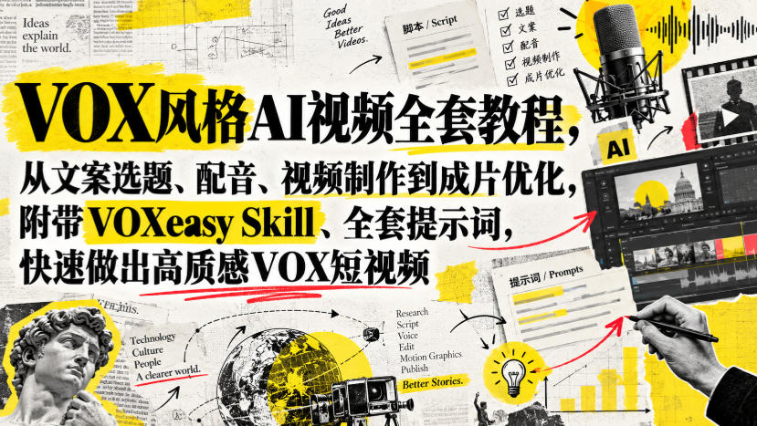 VOX风格AI视频全套教程，从文案选题、配音、视频制作到成片优化，附带VOXeasy Skill、全套提示词，快速做出高质感VOX短视频 - 副业联盟|副业联盟