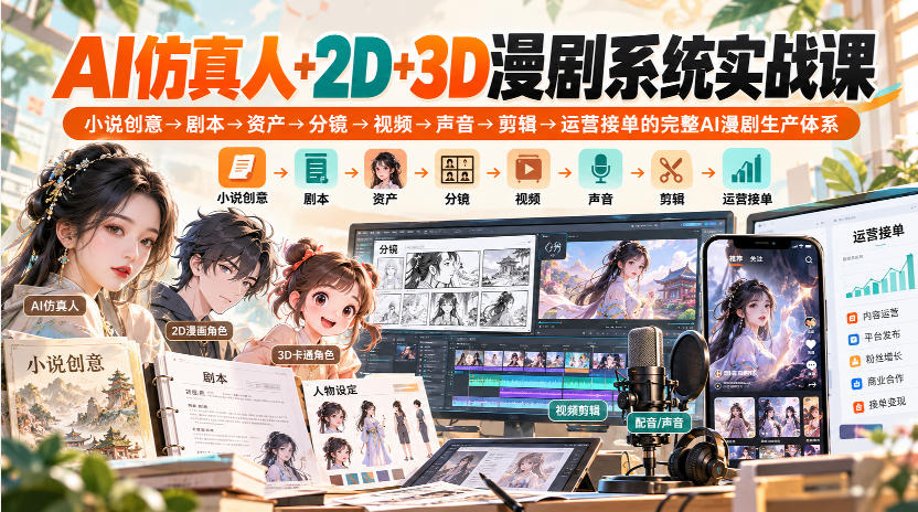 【无水印】AI仿真人+2D+3D漫剧系统实战课,小说创意→剧本→资产→分镜→视频→声音→剪辑→运营接单的完整AI漫剧生产体系|副业联盟