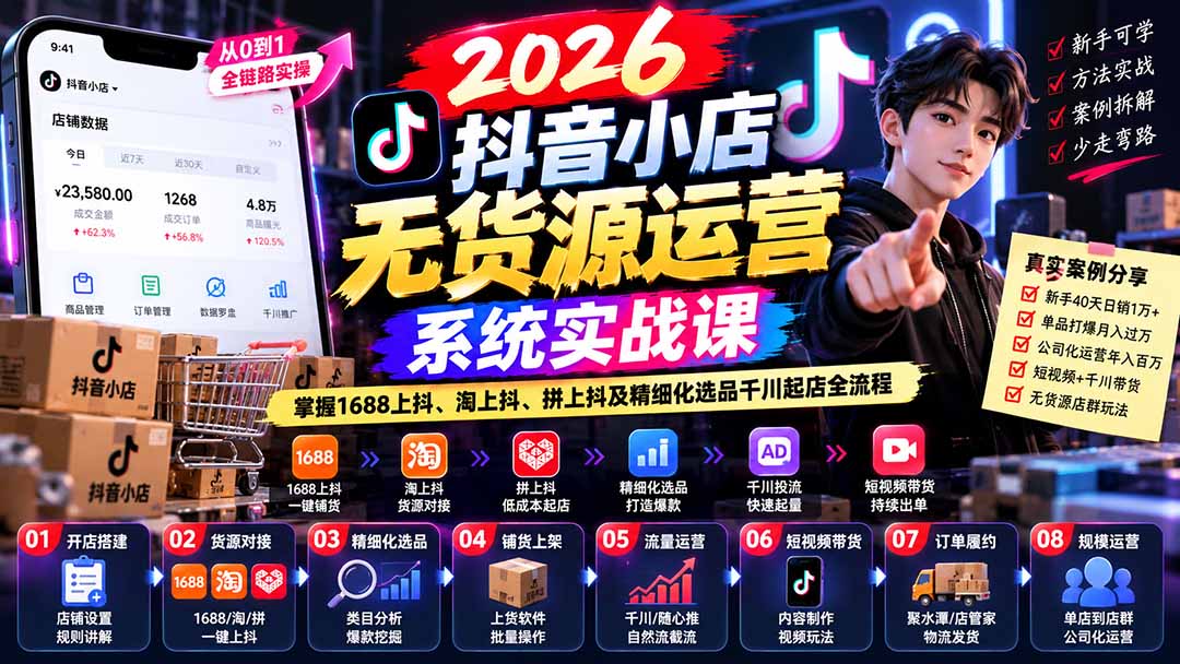 【无水印】2026抖音小店无货源运营系统实战课：掌握1688上抖、淘上抖、拼上抖及精细化选品千川起店全流程 - 副业联盟|副业联盟
