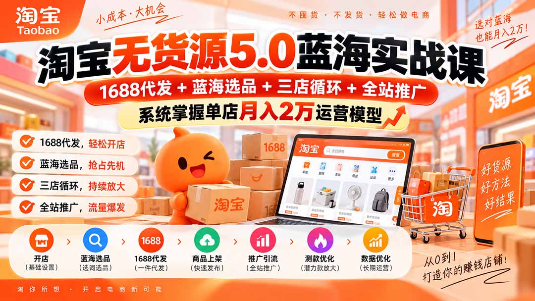 淘宝无货源5.0蓝海实战课-更新0927:1688代发+蓝海选品+三店循环+全站推广,系统掌握单店月入2万运营模型|副业联盟