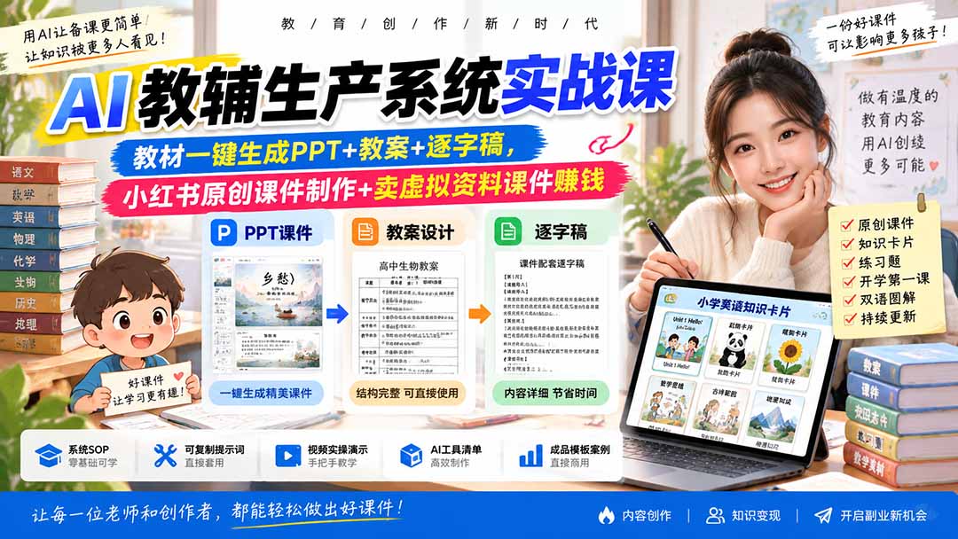 AI教辅生产系统实战课-更新0926｜教材一键生成PPT+教案+逐字稿，小红书原创课件制作+卖虚拟资料课件赚钱 - 副业联盟|副业联盟