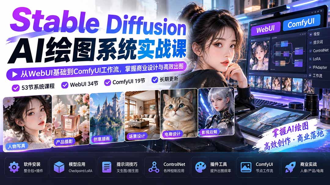 【无水印】Stable Diffusion AI绘图系统实战课:从WebUI基础到ComfyUI工作流,掌握商业设计与高效出图|副业联盟