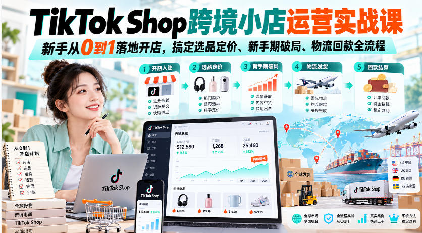 TikTok Shop跨境小店运营实战课,新手从0到1落地开店,搞定选品定价、新手期破局、物流回款全流程|副业联盟