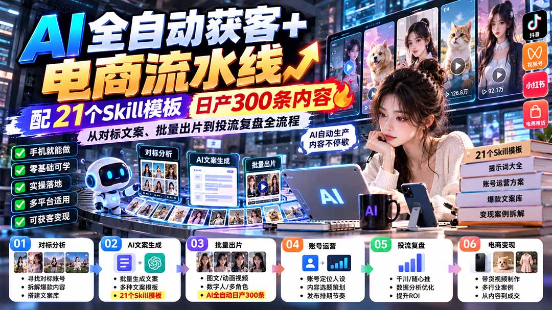 【无水印】AI全自动获客+电商流水线：配21个Skill模板，日产300条内容，从对标文案、批量出片到投流复盘全流程 - 副业联盟|副业联盟