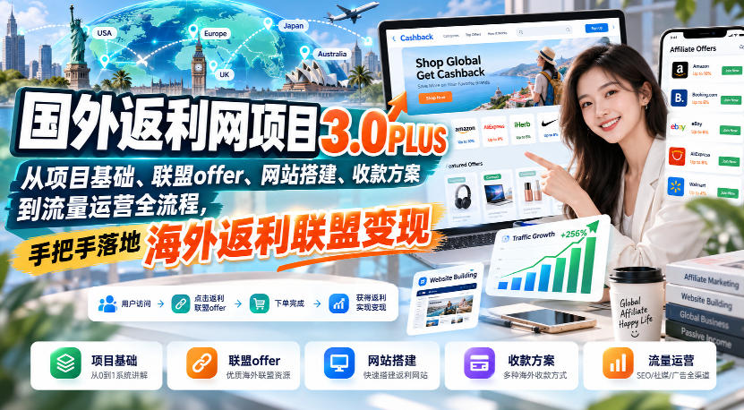 国外返利网项目3.0PLUS,从项目基础、联盟offer、网站搭建、收款方案到流量运营全流程,手把手落地海外返利联盟变现|副业联盟