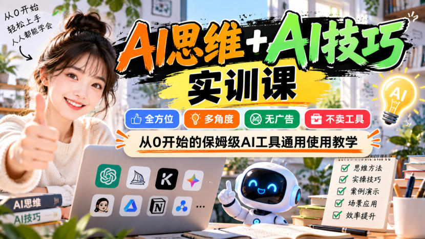 【无水印】AI思维+AI技巧实训课，全方位、多角度、无广告、不卖工具，从0开始的保姆级AI工具通用使用教学 - 副业联盟|副业联盟
