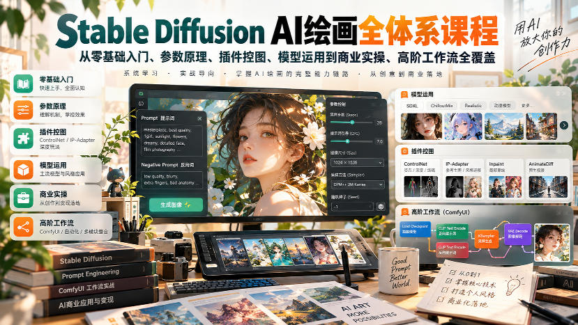 【无水印】Stable Diffusion AI绘画全体系课程，从零基础入门、参数原理、插件控图、模型运用到商业实操、高阶工作流全覆盖 - 副业联盟|副业联盟