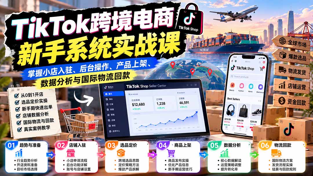 TikTok跨境电商新手系统实战课：掌握小店入驻、后台操作、产品上架、数据分析与国际物流回款 - 副业联盟|副业联盟