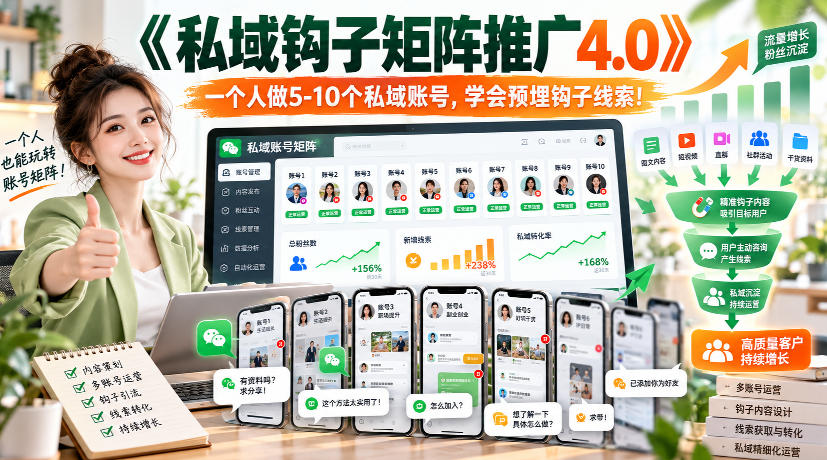 【无水印】《私域钩子矩阵推广4.0》一个人做5-10个私域账号,学会预埋钩子线索!|副业联盟
