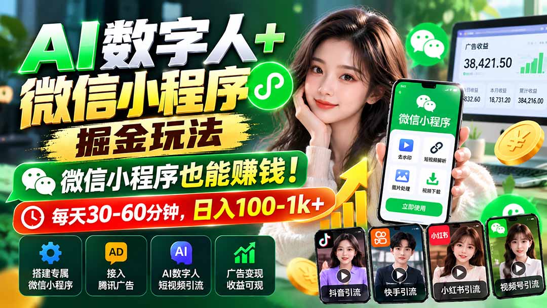 AI数字人+微信小程序掘金玩法：微信小程序也能赚钱！每天30-60分钟，日入100-1k+ - 副业联盟|副业联盟