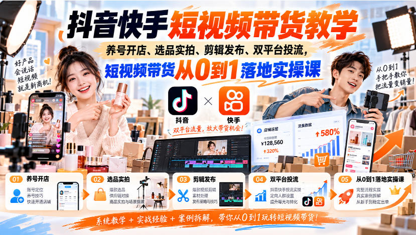 抖音快手短视频带货教学｜养号开店、选品实拍、剪辑发布、双平台投流，短视频带货从0到1落地实操课 - 副业联盟|副业联盟