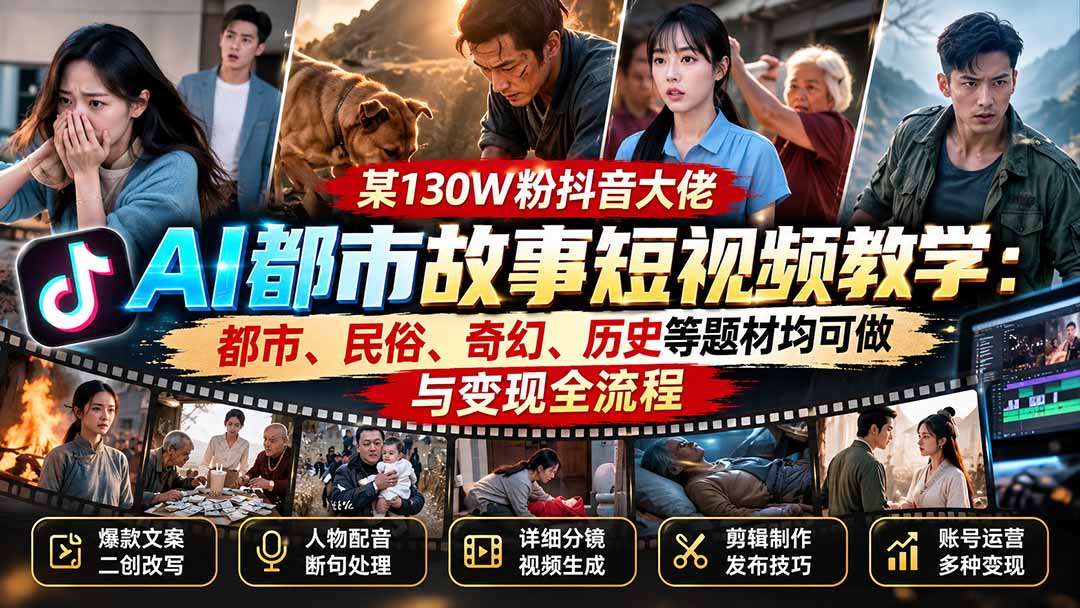 某130W粉抖音大佬AI都市故事短视频教学：都市、民俗、奇幻、历史等题材均可做与变现全流程 - 副业联盟|副业联盟