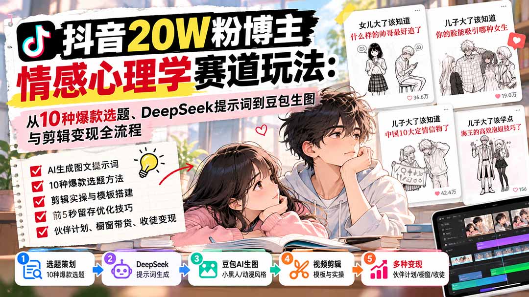 抖音20W粉博主-情感心理学赛道玩法:从10种爆款选题、DeepSeek提示词到豆包生图与剪辑变现全流程|副业联盟