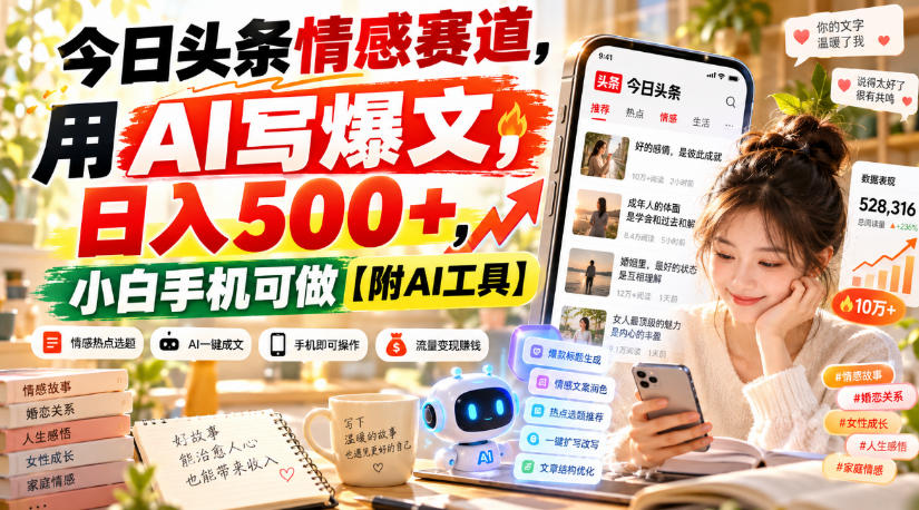 今日头条情感赛道，用AI写爆文，日入500+，小白手机可做【附AI工具】 - 副业联盟|副业联盟