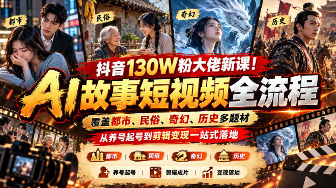 抖音130W粉大佬新课！AI故事短视频全流程，覆盖都市、民俗、奇幻、历史多题材，从养号起号到剪辑变现一站式落地 - 副业联盟|副业联盟