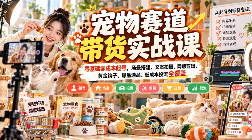 宠物赛道带货实战课,零基础零成本起号,场景搭建、文案拍摄、网感剪辑、黄金钩子、爆品选品、低成本投流全覆盖|副业联盟