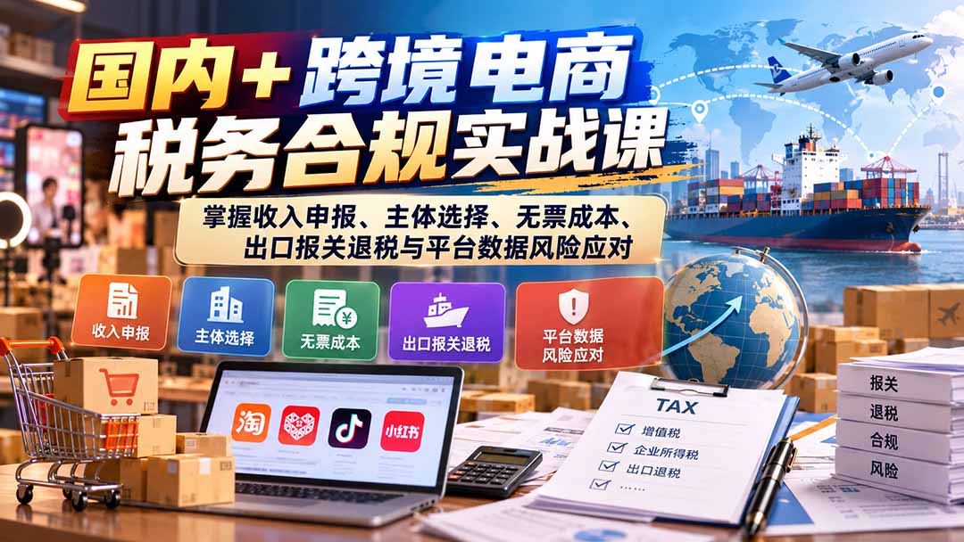 国内+跨境电商税务合规实战课：掌握收入申报、主体选择、无票成本、出口报关退税与平台数据风险应对 - 副业联盟|副业联盟