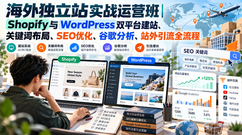 海外独立站实战运营班｜Shopify与WordPress双平台建站、关键词布局、SEO优化、谷歌分析、站外引流全流程 - 副业联盟|副业联盟