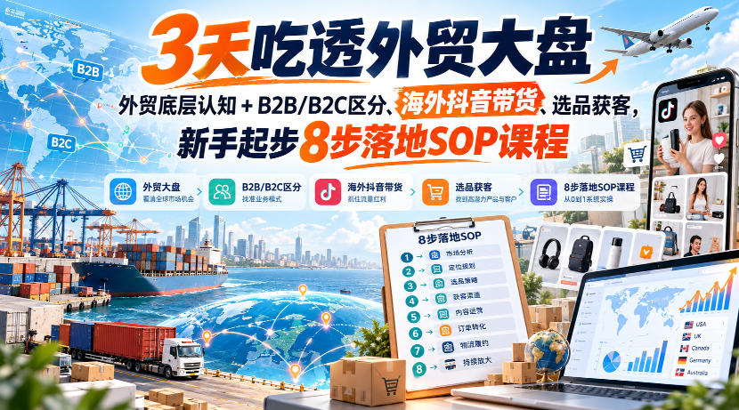 3天吃透外贸大盘,外贸底层认知+B2B/B2C区分、海外抖音带货、选品获客,新手起步8步落地SOP课程|副业联盟