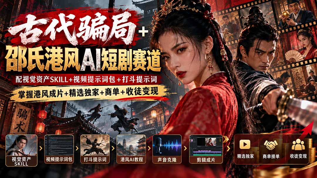 古代骗局+邵氏港风AI短剧赛道：配视觉资产SKILL+视频提示词包+打斗提示词，掌握港风成片+精选独家+商单+收徒变现 - 副业联盟|副业联盟