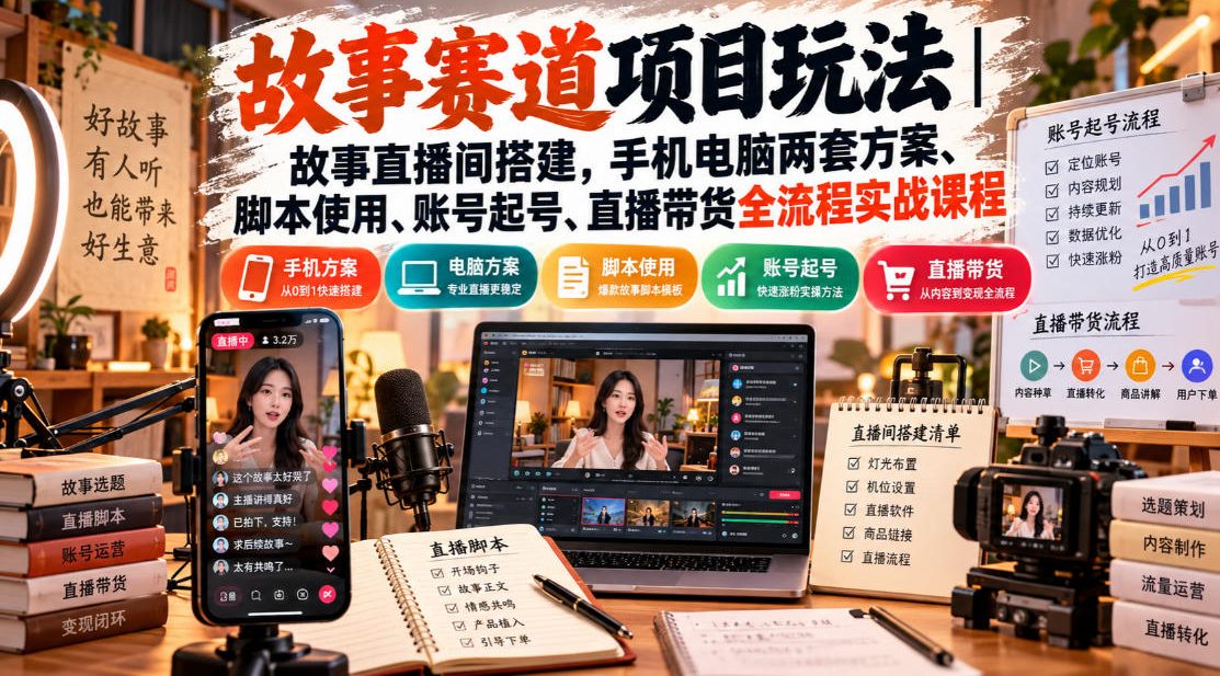 故事赛道项目玩法|故事直播间搭建,手机电脑两套方案、脚本使用、账号起号、直播带货全流程实战课程|副业联盟