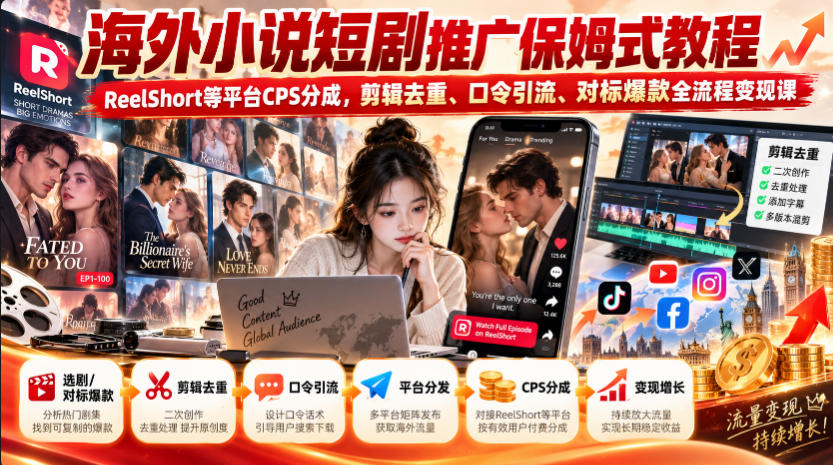 海外小说短剧推广保姆式教程|ReelShort等平台CPS分成,剪辑去重、口令引流、对标爆款全流程变现课|副业联盟