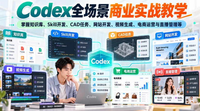 【无水印】Codex全场景商业实战教学,掌握知识库、Skill开发、CAD任务、网站开发、视频生成、电商运营与直播管理等|副业联盟