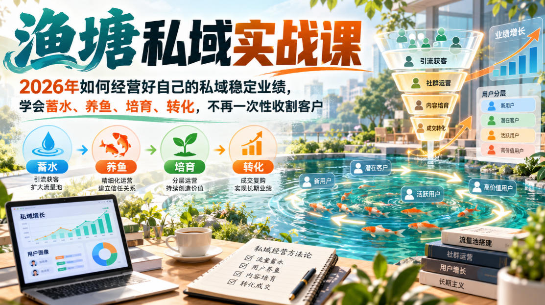 渔塘私域实战课,2026年如何经营好自己的私域稳定业绩,学会蓄水、养鱼、培育、转化,不再一次性收割客户|副业联盟