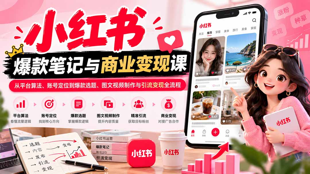 2026小红书爆款笔记与商业变现课：从平台算法、账号定位到爆款选题、图文视频制作与引流变现全流程 - 副业联盟|副业联盟