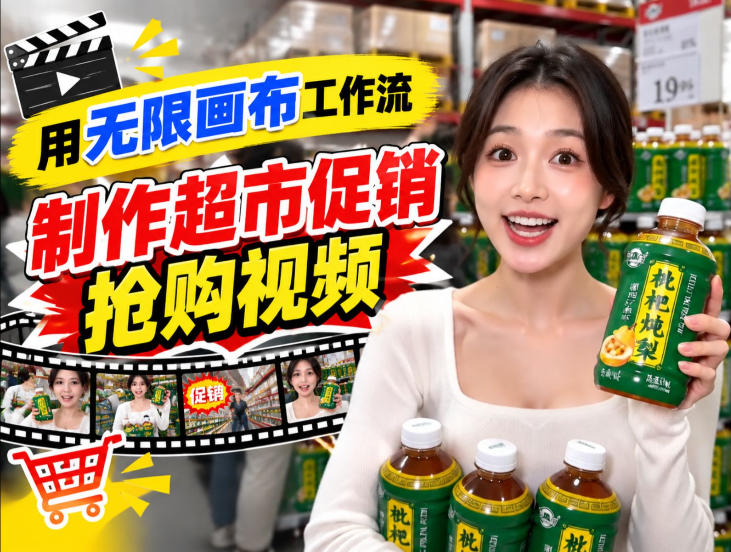 无限画布超市促销抢购视频工作流,一键产出TikTok抖音带货短视频|副业联盟