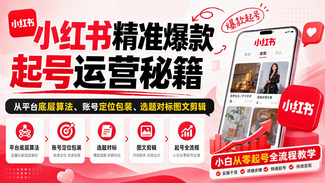 小红书精准爆款起号运营秘籍,从平台底层算法、账号定位包装、选题对标图文剪辑,小白从零起号全流程|副业联盟