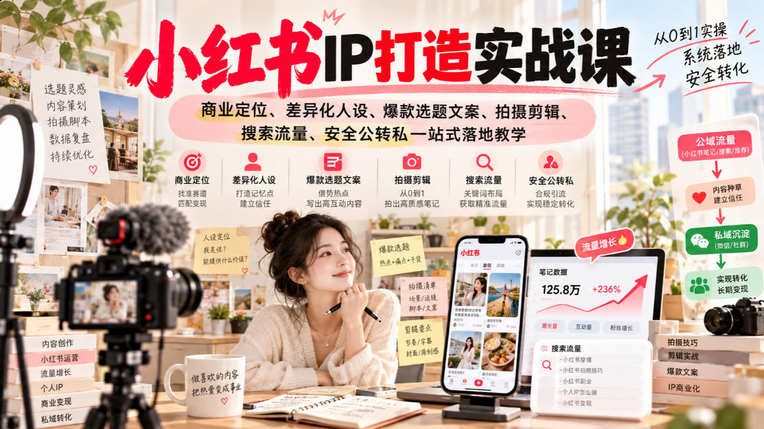 小红书ip打造实战课,商业定位、差异化人设、爆款选题文案、拍摄剪辑、搜索流量、安全公转私一站式落地教学|副业联盟