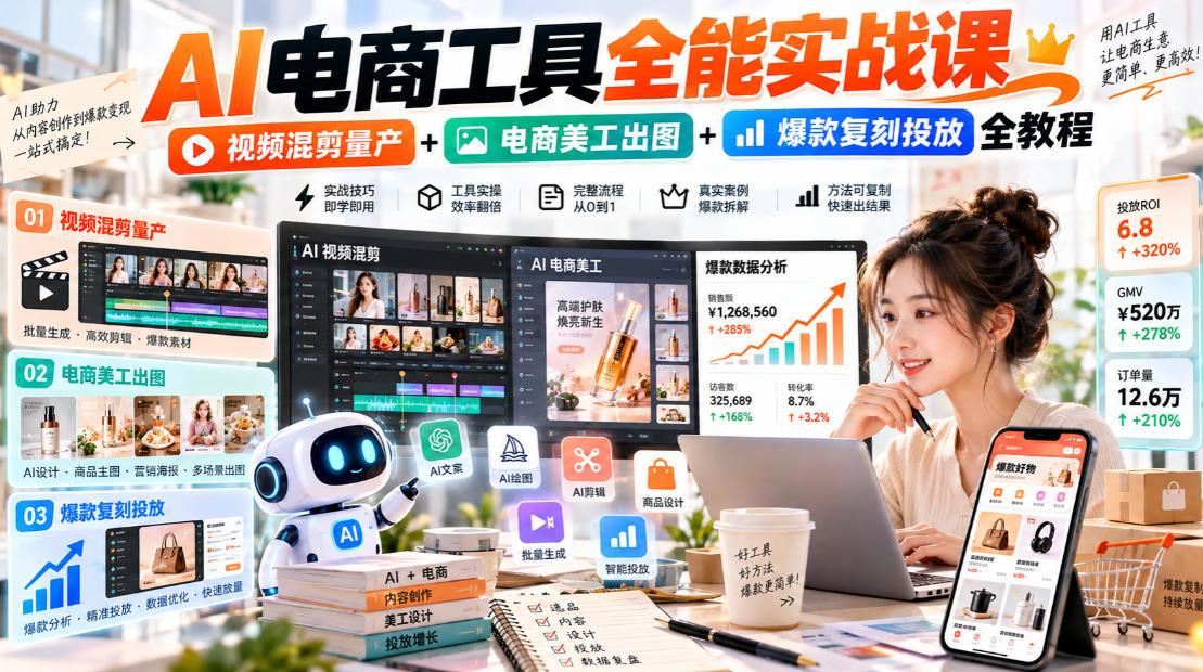 AI电商工具全能实战教学，视频混剪量产+电商美工出图+爆款复刻投放全教程​ - 副业联盟|副业联盟