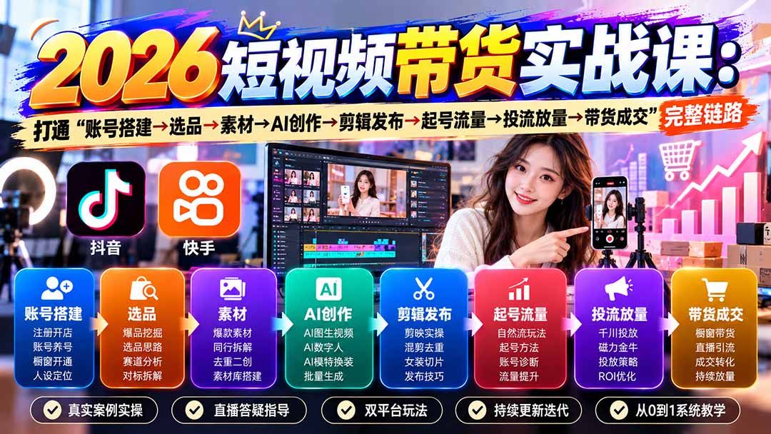 2026短视频带货实战课9月:打通“账号搭建→选品→素材→AI创作→剪辑发布→起号流量→投流放量→带货成交”完整链路|副业联盟