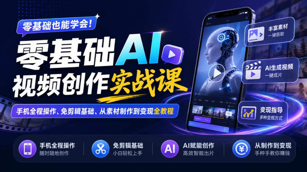 零基础AI视频创作实战课|手机全程操作、免剪辑基础、从素材制作到变现全教程|副业联盟