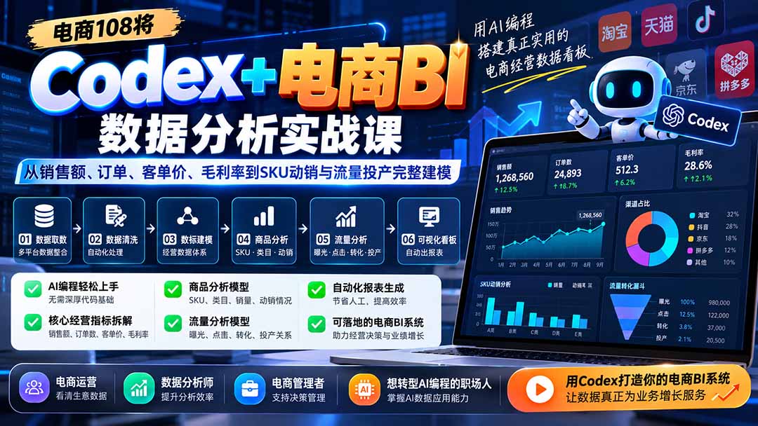 Codex+电商BI数据分析实战课-更新:从销售额、订单、客单价、毛利率到SKU动销与流量投产完整建模|副业联盟