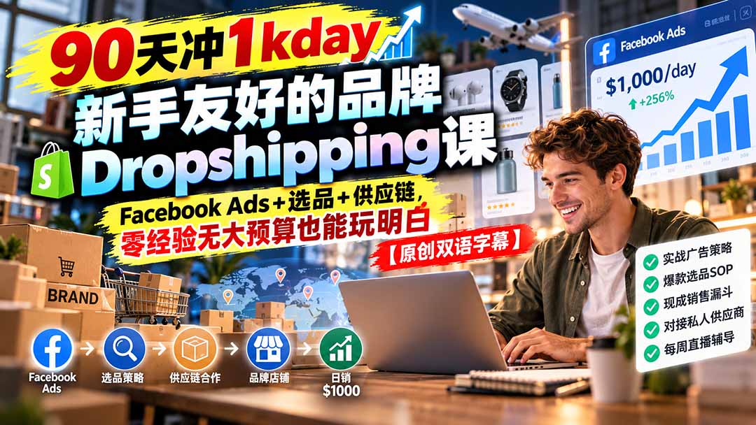 90天冲1kday 新手友好的品牌Dropshipping课:Facebook Ads+选品+供应链,零经验无大预算也能玩明白【原创双语字幕】|副业联盟