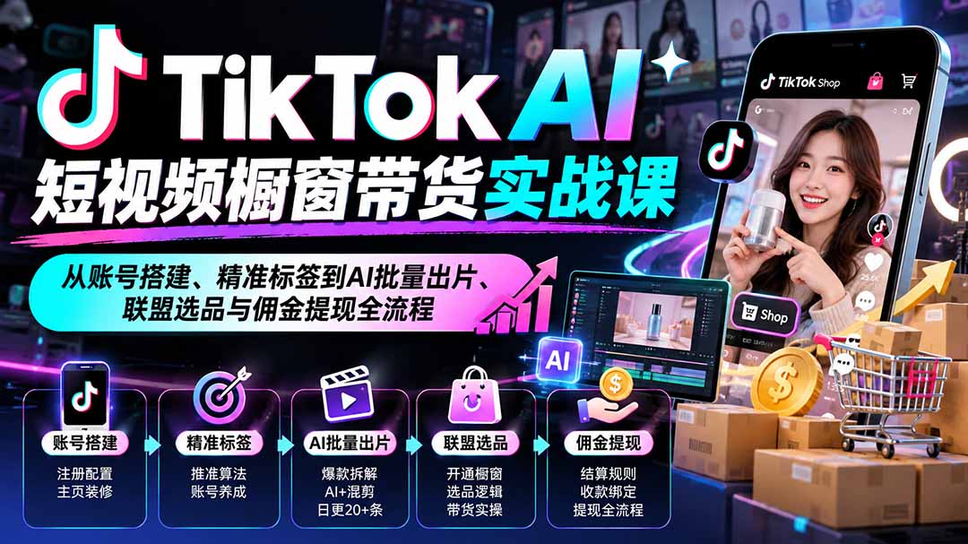 TikTok AI短视频橱窗带货实战课：从账号搭建、精准标签到AI批量出片、联盟选品与佣金提现全流程 - 副业联盟|副业联盟