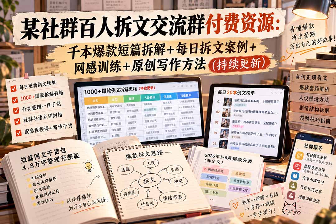 某社群百人拆文交流群付费资源-更新0929:千本爆款短篇拆解+每日拆文案例+网感训练+原创写作方法|副业联盟