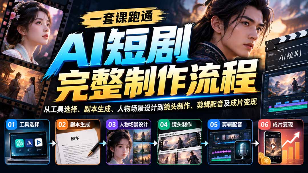 一套课跑通AI短剧完整制作流程:从工具选择、剧本生成、人物场景设计到镜头制作、剪辑配音及成片变现|副业联盟